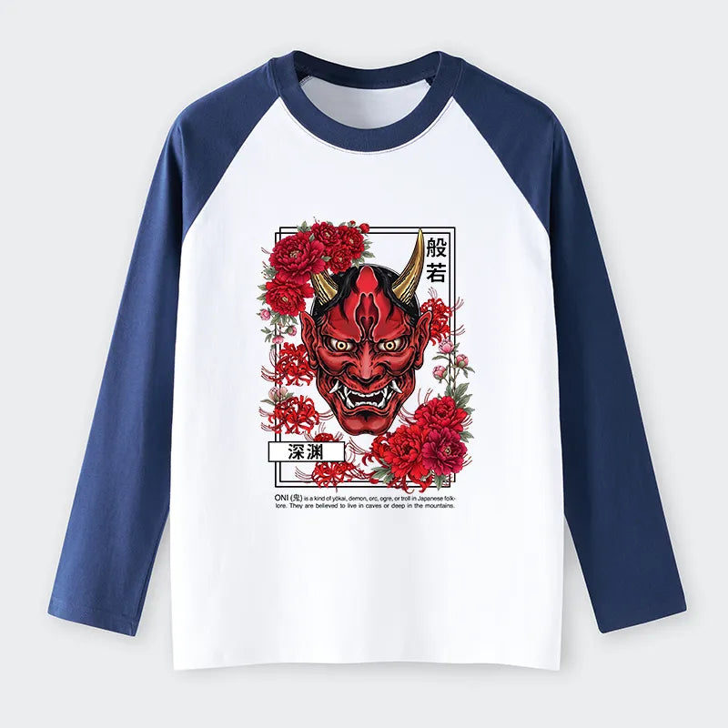Kyoto-Lion Cool Oni Floral Art Raglan Long Sleeve T-shirt