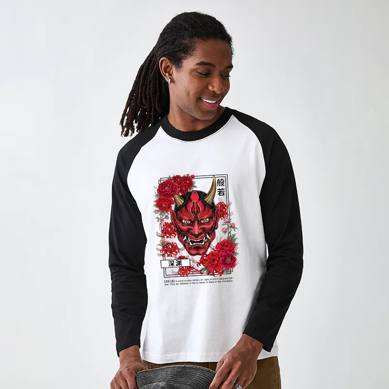 Kyoto-Lion Cool Oni Floral Art Raglan Long Sleeve T-shirt