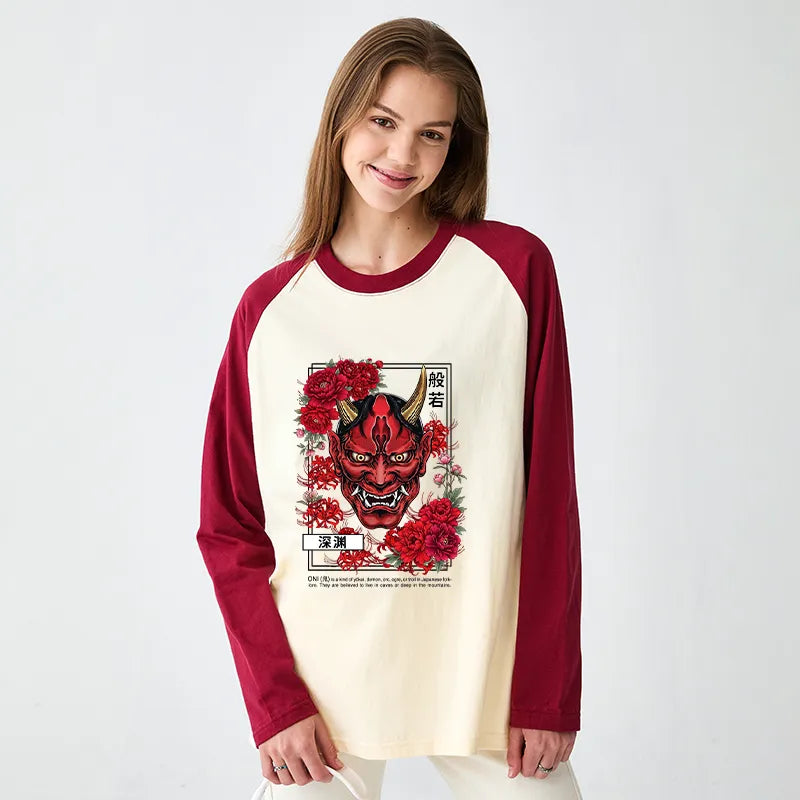 Kyoto-Lion Cool Oni Floral Art Raglan Long Sleeve T-shirt