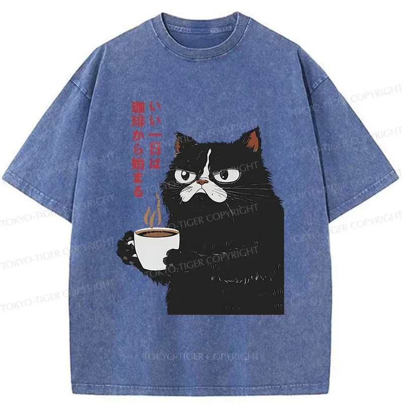 Kyoto-Lion Start Your Day With Coffee Washed T-Shirt