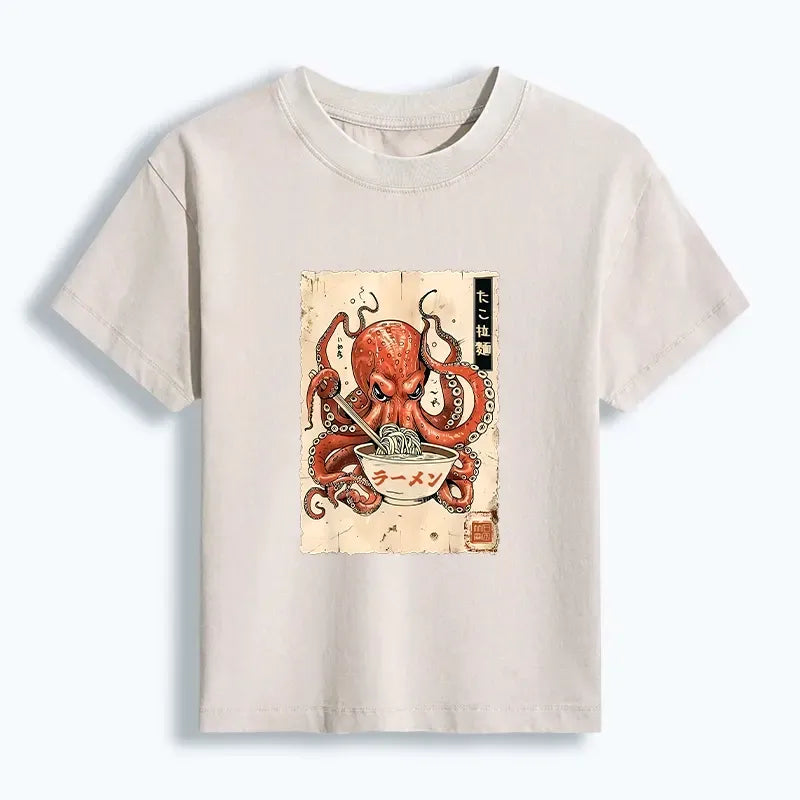 Japanese retro octopus eating ramen women's t-shirt