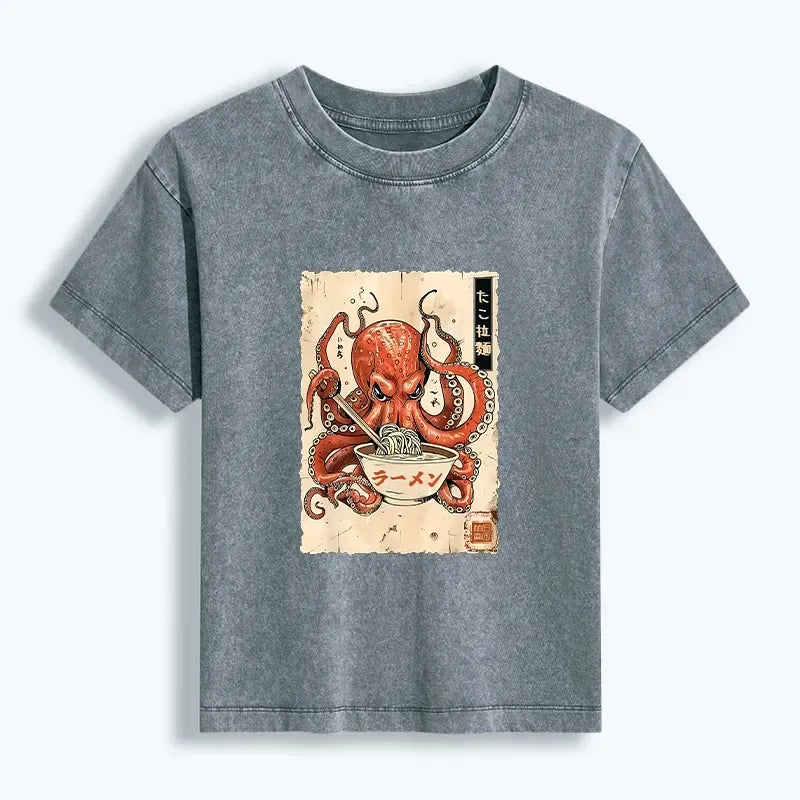 Japanese retro octopus eating ramen women's t-shirt