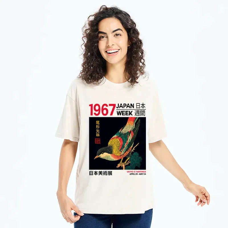 Kyoto-Lion Bird of Ukiyo-e Washed T-Shirt
