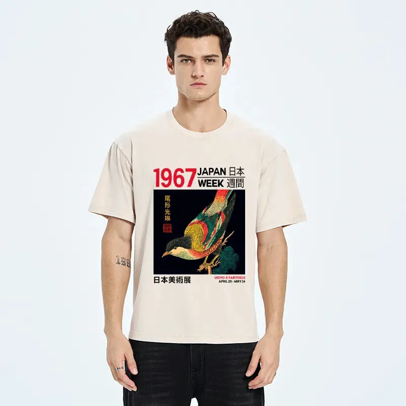 Japanese Ukiyo-e Washed T-Shirt for Daily Wear