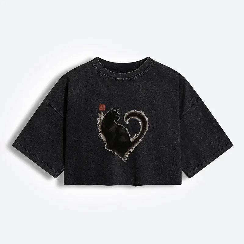 Washed crop tee with funny cat design