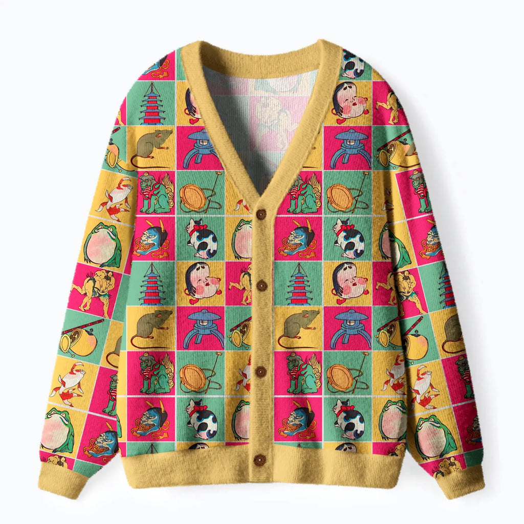 Kyoto-Lion Playful Ukiyo-e Patchwork Ugly Cardigan Sweater