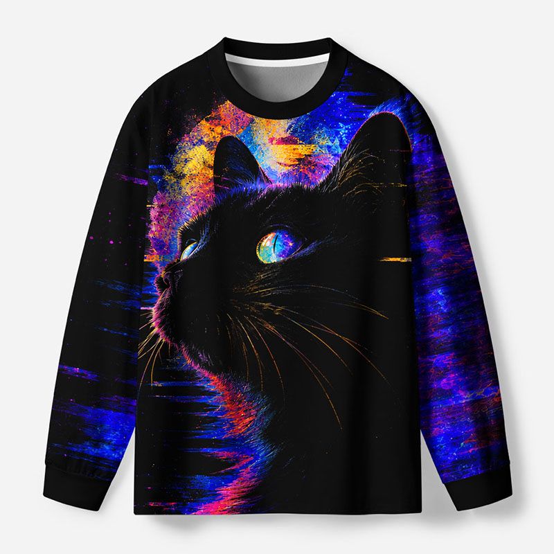 Kyoto-Lion Psychedelic Black Cat Eco-Friendly Long Sleeve T-Shirt