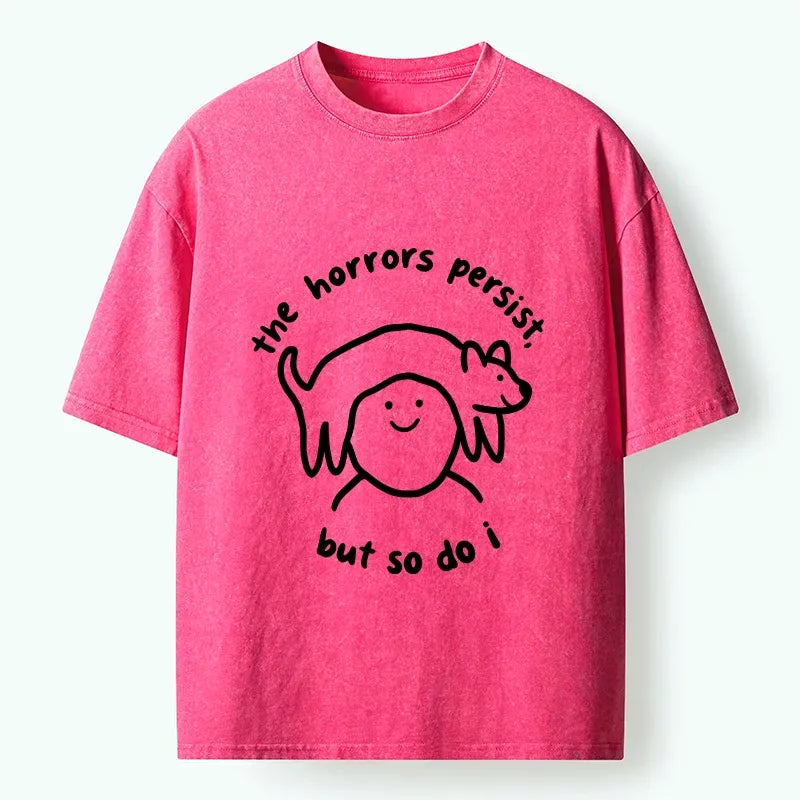Kyoto-Lion Funny Cat Persist Through Hardship Washed T-Shirt