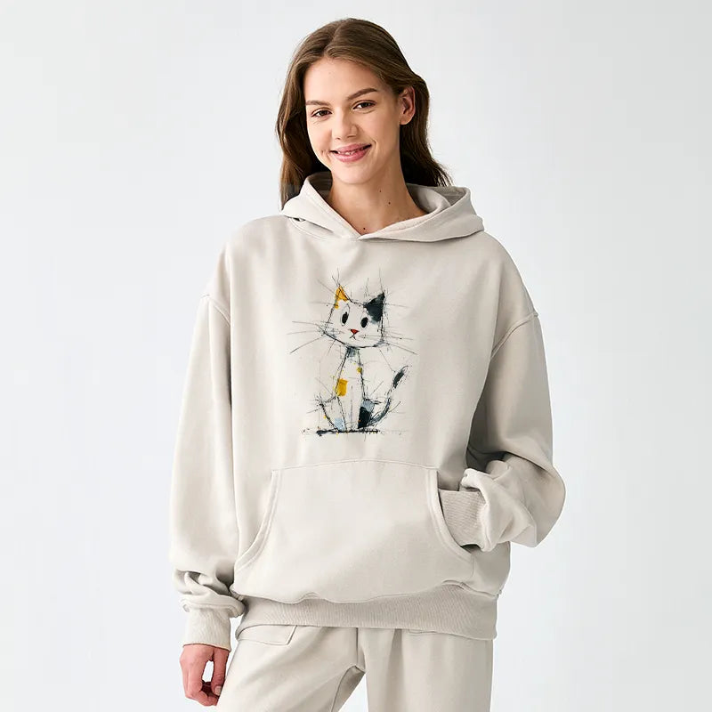 Kyoto-Lion Minimal Splash Ink Cute Cat Adult Fleece Hoodie