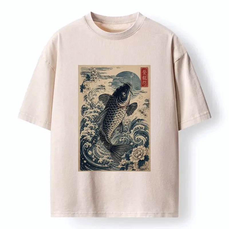 Kyoto-Lion Vintage Ukiyo Koi Wave Flower Graphic Washed T-Shirt