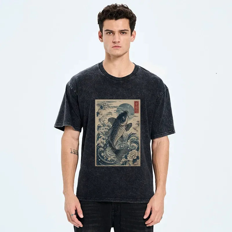 Vintage Ukiyo Koi Graphic T-Shirt for Daily Wear