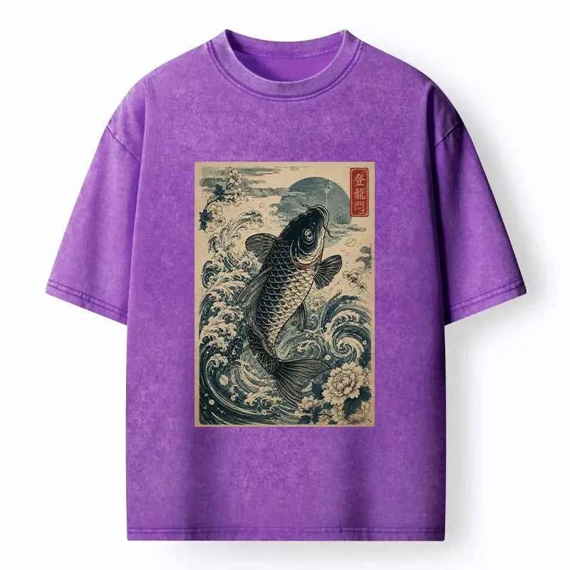Kyoto-Lion Vintage Ukiyo Koi Wave Flower Graphic Washed T-Shirt