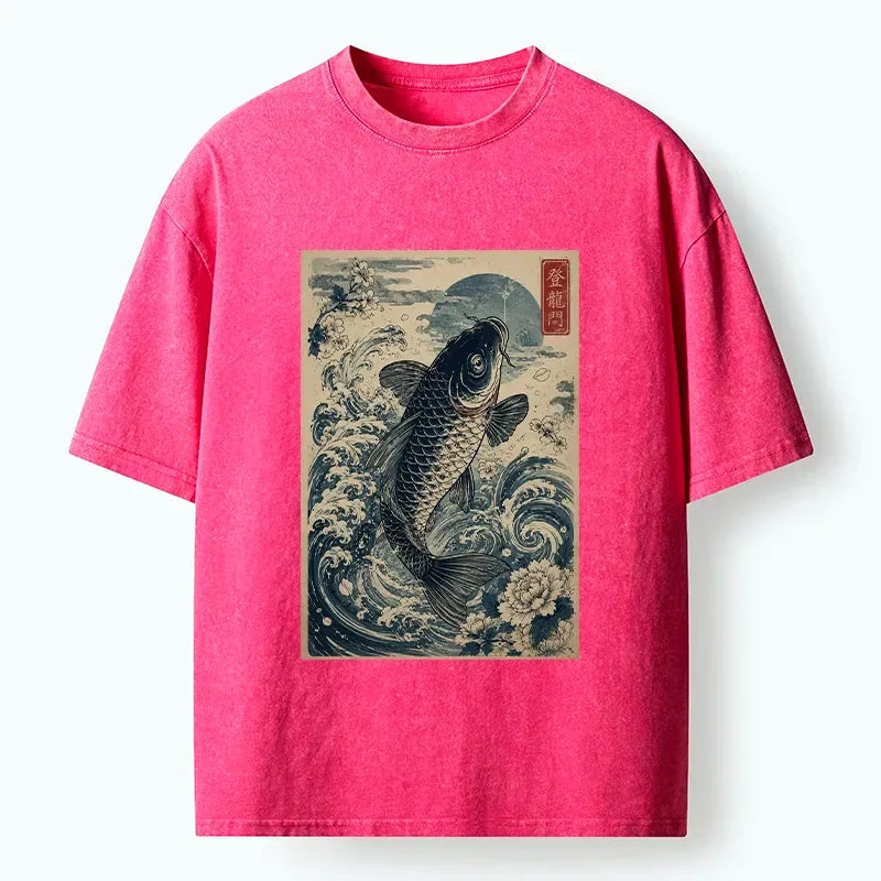 Kyoto-Lion Vintage Ukiyo Koi Wave Flower Graphic Washed T-Shirt