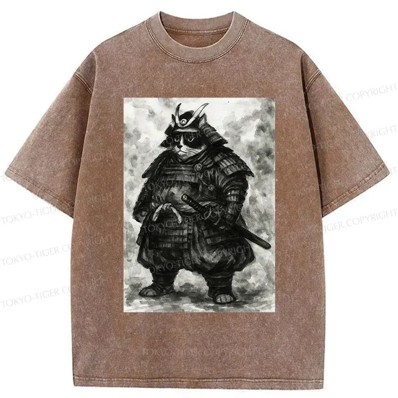 Samurai Cat Washed T-Shirt for Daily Wear