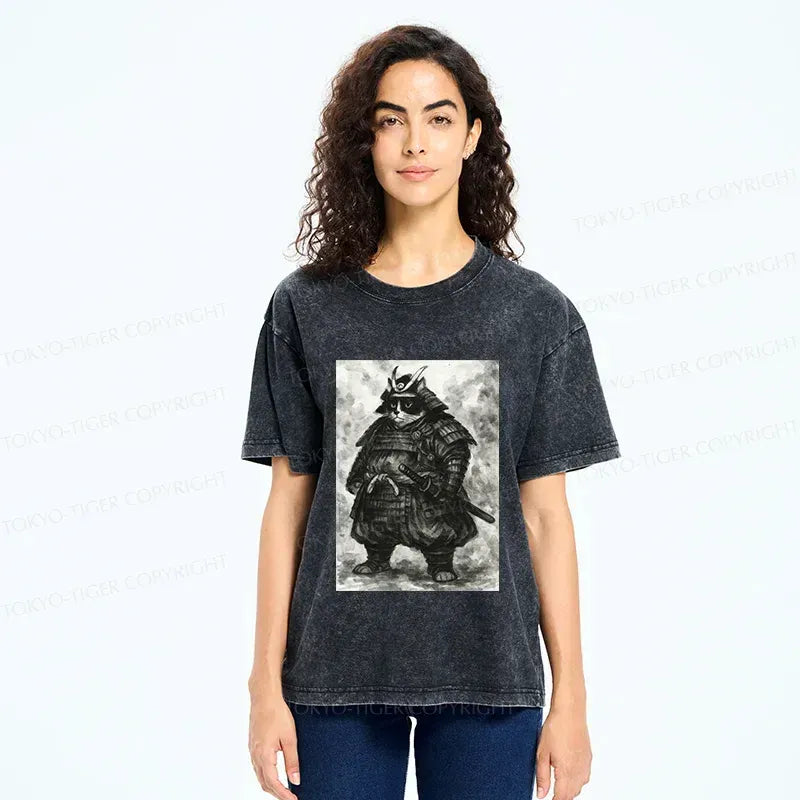 Samurai Cat Washed T-Shirt for Daily Wear