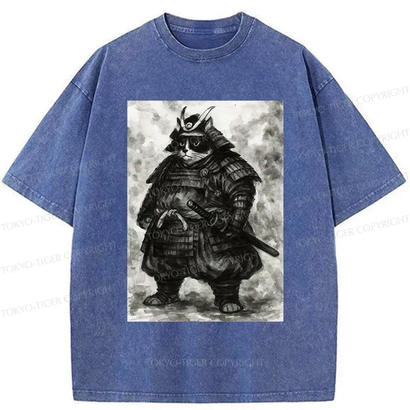 Samurai Cat Washed T-Shirt for Daily Wear