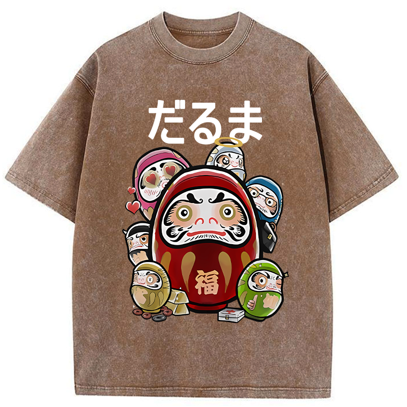 Kyoto-Lion Colorful Daruma Dolls Washed T-Shirt
