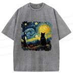 Kyoto-Lion The Starry Night Cat Washed T-Shirt