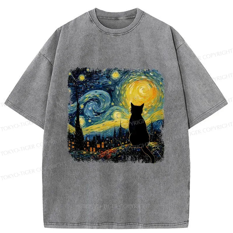Kyoto-Lion The Starry Night Cat Washed T-Shirt