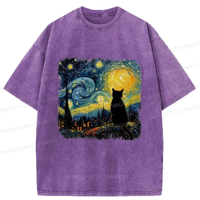 Japanese Vintage Cat Washed T-Shirt for Daily Wear
