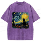 Japanese Vintage Cat Washed T-Shirt for Daily Wear