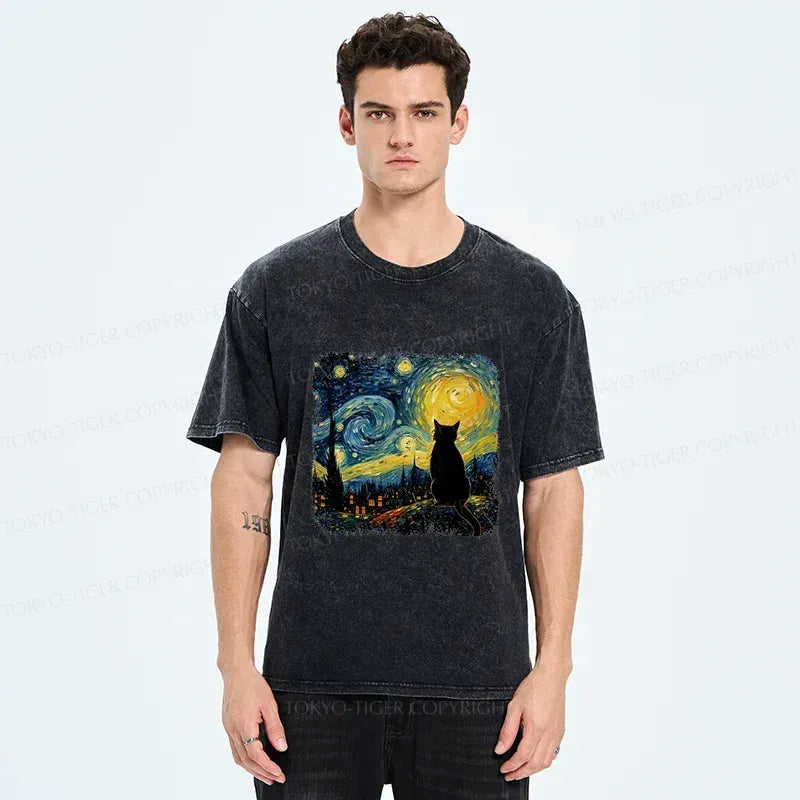 Starry Night Cat T-Shirt Streetwear Gift Idea