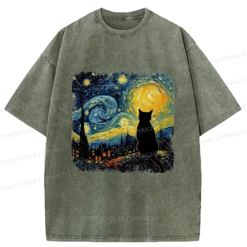 Starry Night Cat T-Shirt Streetwear Gift Idea