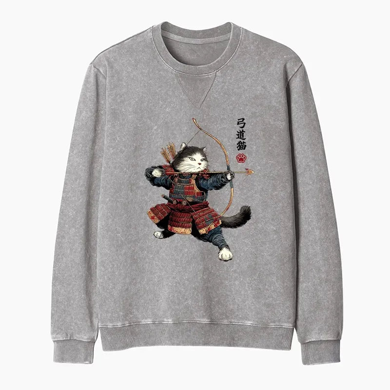 Kyoto-Lion Kyudo Samurai Cat Washed Terry Sweatshirt