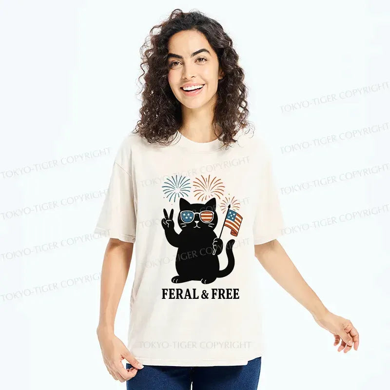 Kyoto-Lion Cat Of FERAL & FREE Washed T-Shirt