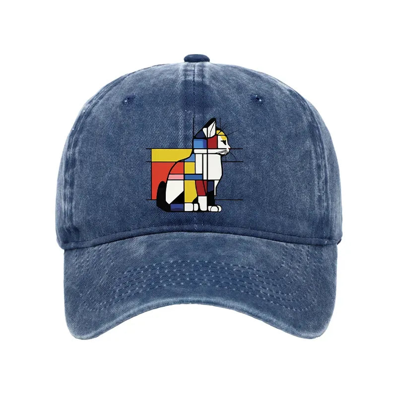 Kyoto-Lion Geometric Cat Art In Primary Colors Washed Cap
