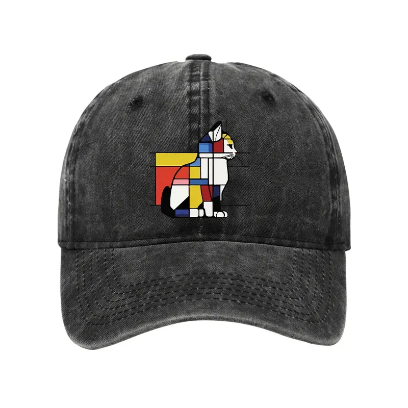 Kyoto-Lion Geometric Cat Art In Primary Colors Washed Cap