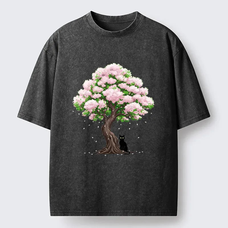 Kyoto-Lion Sakura And Cat Washed T-Shirt