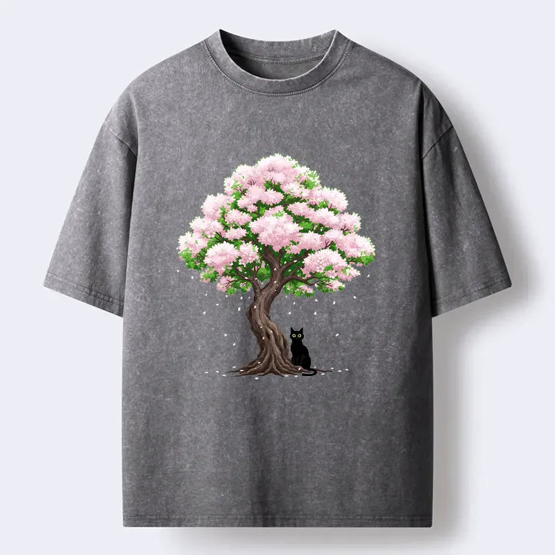Kyoto-Lion Sakura And Cat Washed T-Shirt
