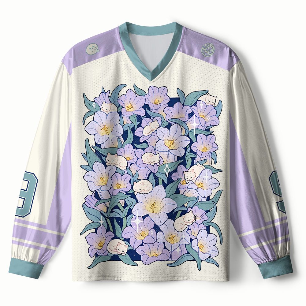Kyoto-Lion Sleeping Kittens Among Purple Blooms Paneled Long Sleeve Jersey