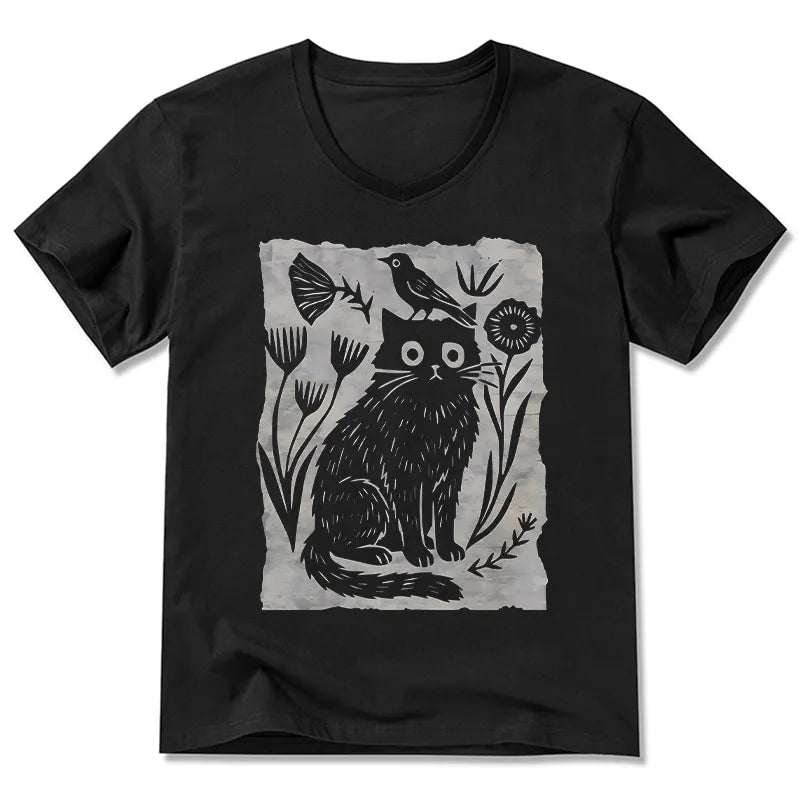 Kyoto-Lion Folk Paper Cut Cat Bird Floral Art V-Neck Classic T-Shirt