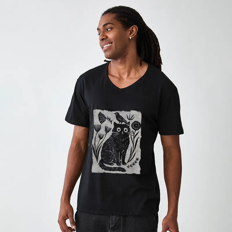 Kyoto-Lion Folk Paper Cut Cat Bird Floral Art V-Neck Classic T-Shirt