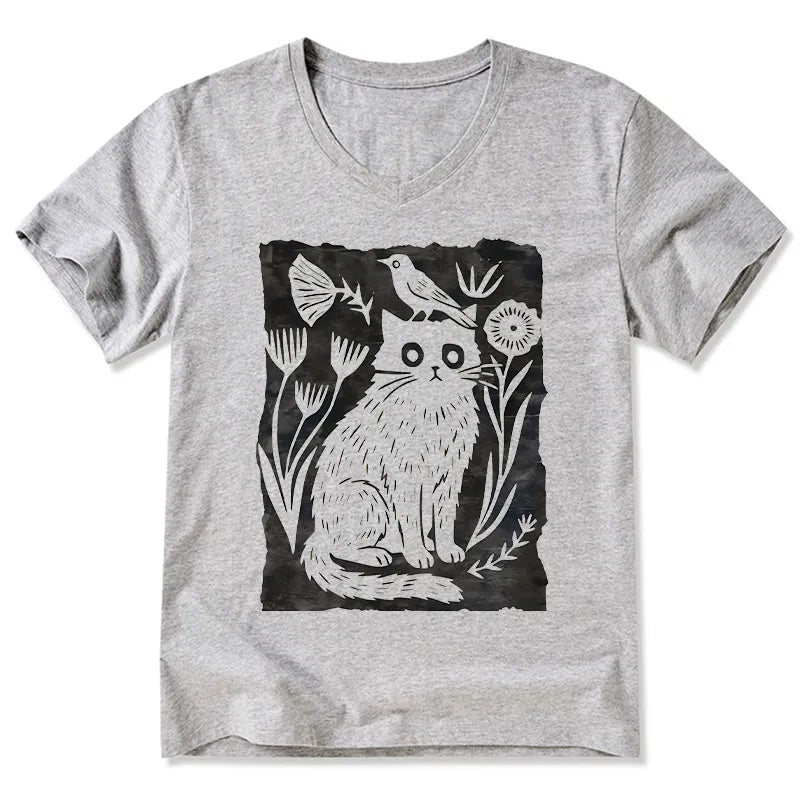 Kyoto-Lion Folk Paper Cut Cat Bird Floral Art V-Neck Classic T-Shirt