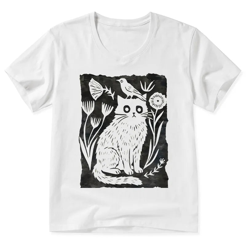 Kyoto-Lion Folk Paper Cut Cat Bird Floral Art V-Neck Classic T-Shirt