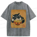 Kyoto-Lion Vintage Black Cat Eat Ramen Washed T-Shirt