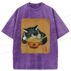 Kyoto-Lion Vintage Black Cat Eat Ramen Washed T-Shirt