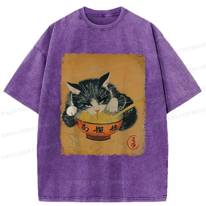 Kyoto-Lion Vintage Black Cat Eat Ramen Washed T-Shirt