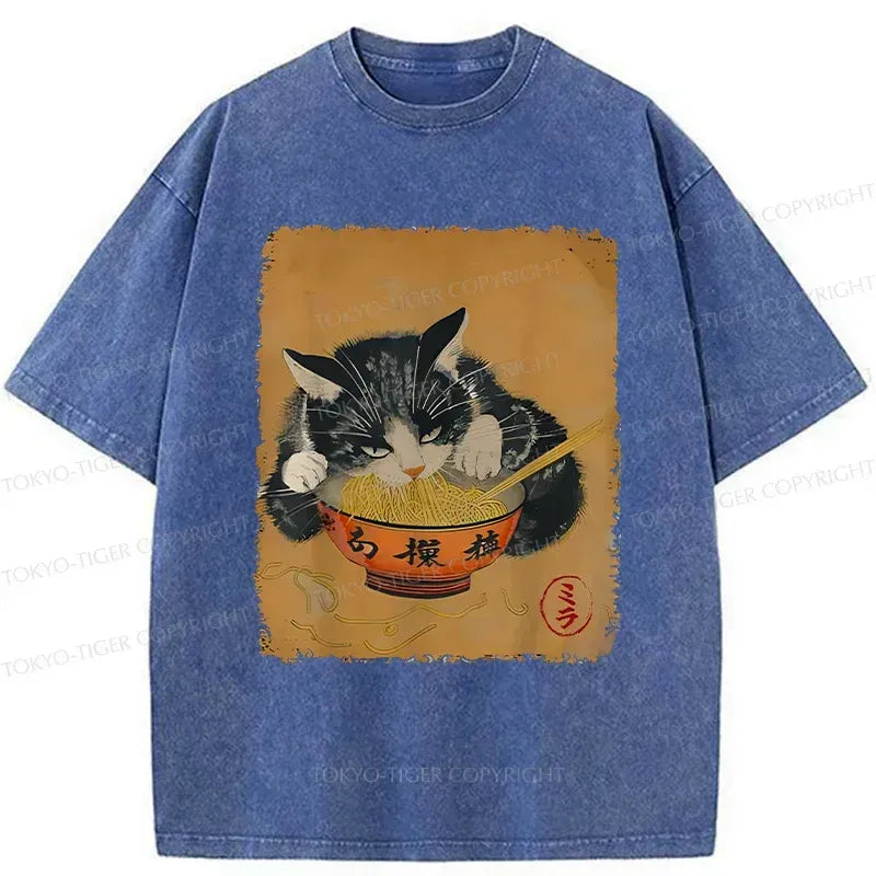 vintage black cat ramen tshirt for streetwear