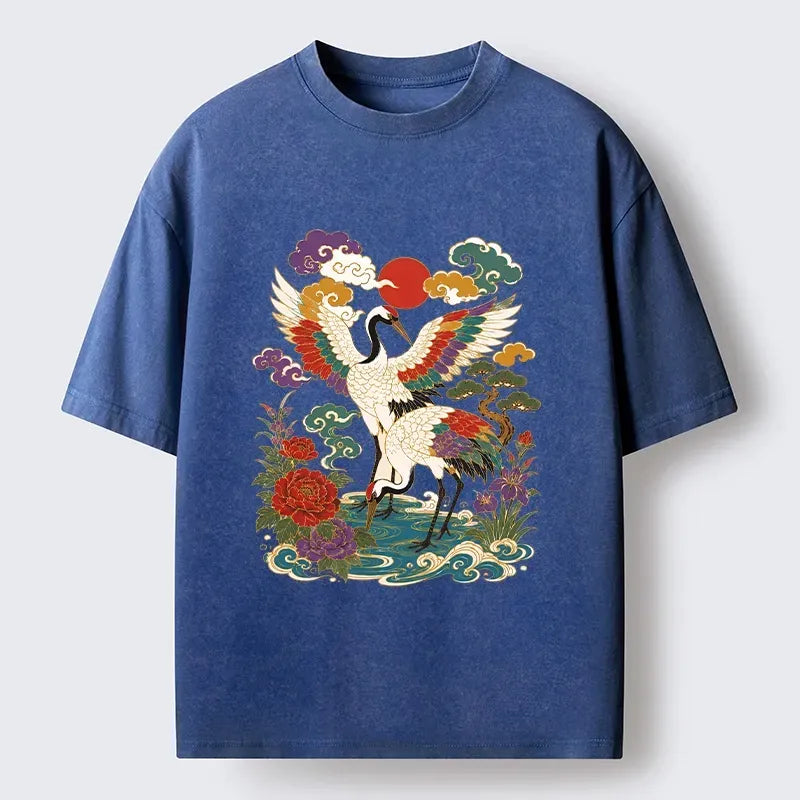 Kyoto-Lion Traditional Japanese Cranes Art Print Washed T-Shirt
