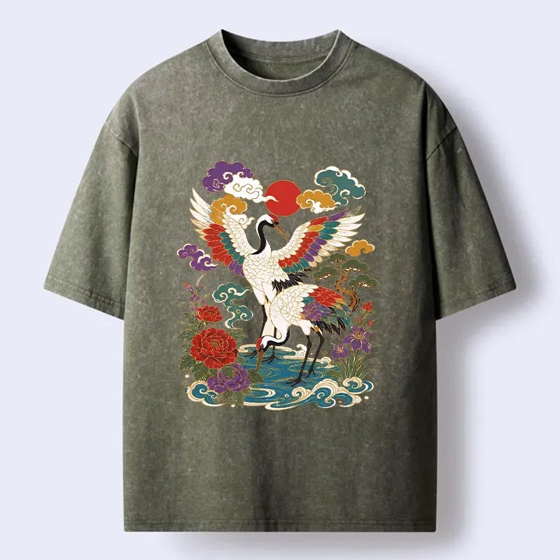 Kyoto-Lion Traditional Japanese Cranes Art Print Washed T-Shirt