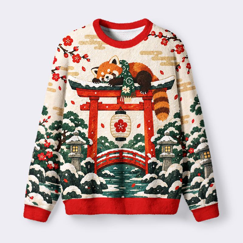 Kyoto-Lion Japanese Winter Raccoon Fuzzy Christmas Ugly Sweatshirt