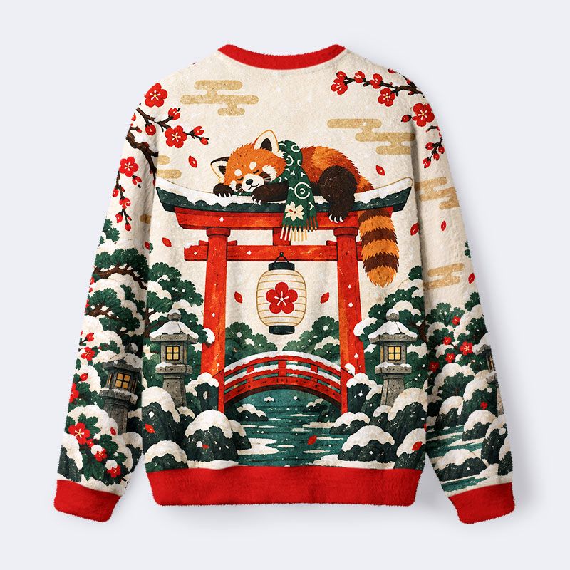 Kyoto-Lion Japanese Winter Raccoon Fuzzy Christmas Ugly Sweatshirt