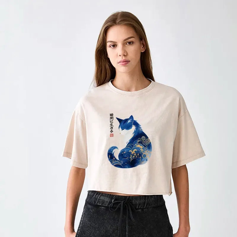 retro zen cat washed crop t-shirt