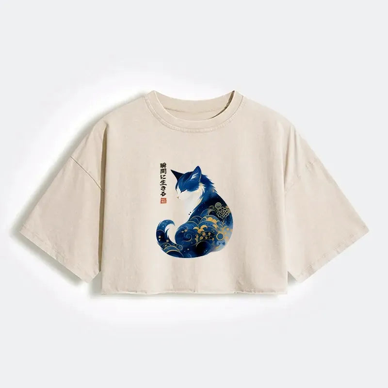 retro zen cat washed crop t-shirt