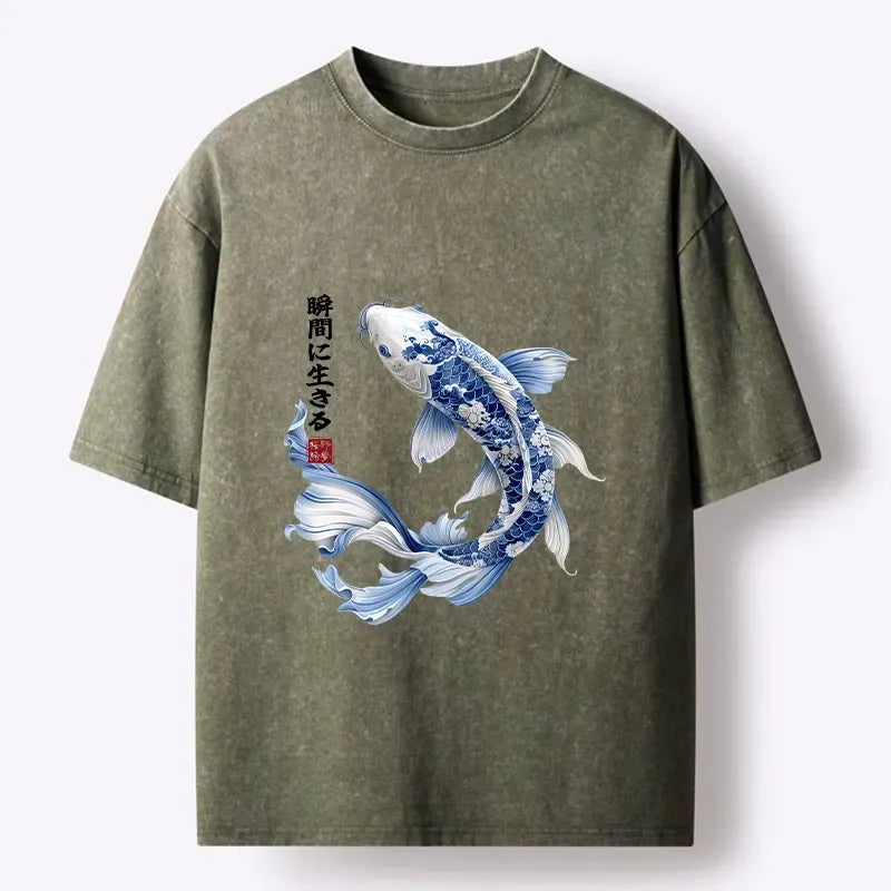 Kyoto-Lion Blue And White Koi Fish Japanese Art Print Washed T-Shirt