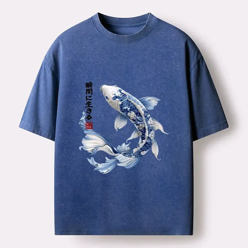 Kyoto-Lion Blue And White Koi Fish Japanese Art Print Washed T-Shirt
